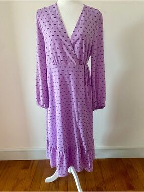 Veda x UO Lavender Eye Print Wrap Midi Dress Ruffle Hem Long Sleeve Boho M